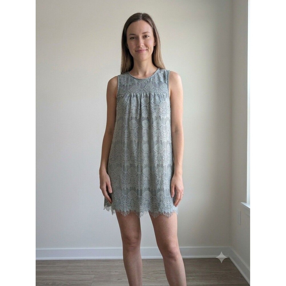 Women Green Lace Floral Round Neck Sleeveless Cottagecore Dress M